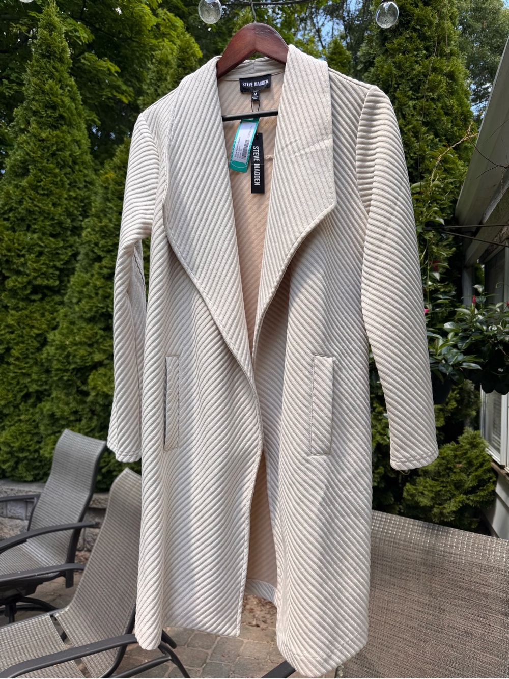 NWT STEVE MADDEN Cream Textured Open Front Shawl Collar Long Cardigan Coat M.